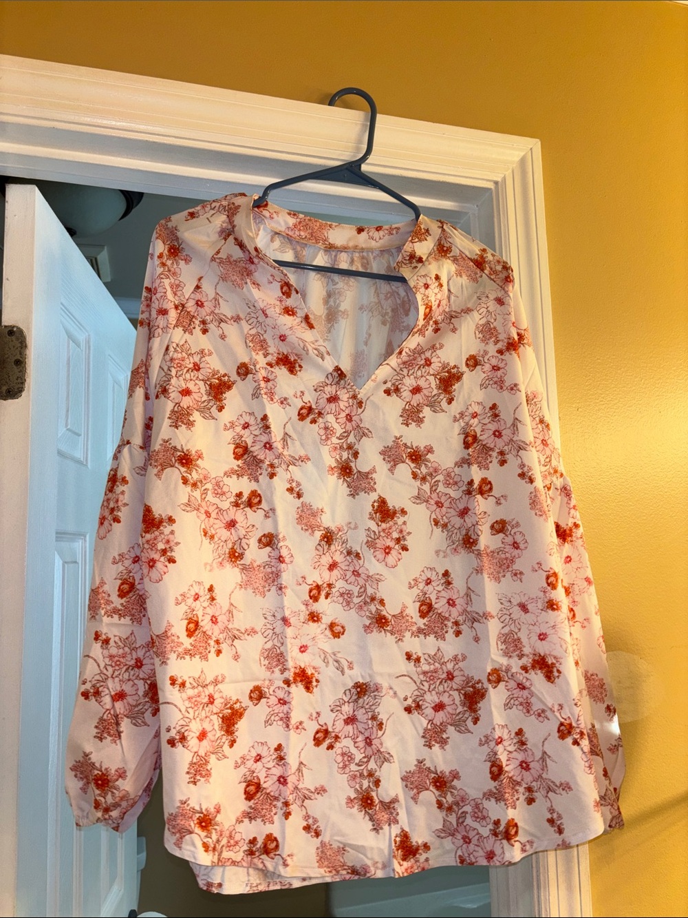 Women's Floral V-Neck Long Sleeve Top - White & Rust